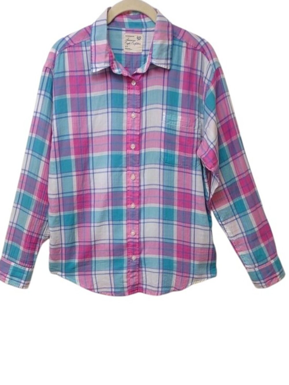 AEO Women's Pink Teal Plaid LS Lightweight Boyfriend Fit All Cotton Shirt